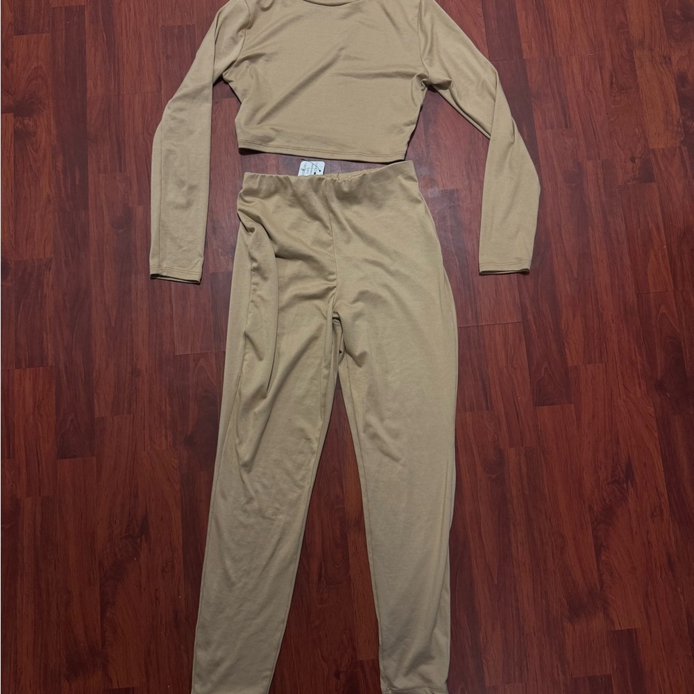 Tan Long Sleeve Crop Top and Pants Set